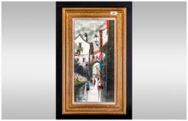 Oil on Canvas, Impressionist Style Italian Street Scene. 24 by 10 inches. Gilt frame. Indistinctly