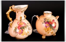 Royal Worcester Hand Painted Blush Ivory Vases, with Floral Decoration and Gold Handles and Borders.