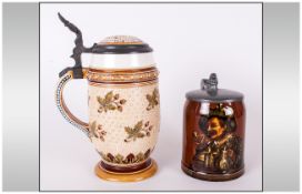 Villeroy & Boch Mettlach Pewter Lidded Tankards, 5'' in height. Plus a further Mettlach Lidded