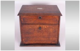 Edwardian Oak Desk Stationery Box with pull down front, with letter rack combined fitted top drawer.