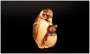 Japanese - Very Fine Late 19th Century Ivory Netsuke ' Mother and Baby Penguin'  Signed to Base. 1.5