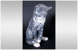 Royal Copenhagen Early Porcelain Figure 'Large Green Tabby Cat In A Sitting Position' Circa 1980.