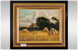 A Framed Oil on Canvas, stuck to board. Of a rural scene with chickens. Signed lower left A W Mc