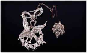 1920's - Fine Silver and Marcasite Bow Tie and Bird Set Pendant / Brooch of Good Quality. Marked