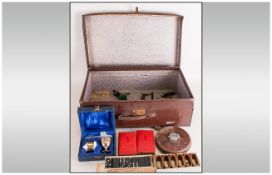 Vintage Suitcase containing assorted collectables including domino set, corkscrew, leather tape