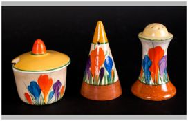 Clarice Cliff Hand Painted 4 Piece Cruet Set ' Crocus ' Autumn Design. c.1929.