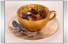Royal Worcester Handpainted Miniature Matched Cup & Saucer, 'Fallen Fruits' Pattern, Date 1922.