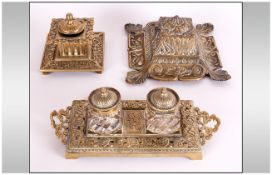 Double Brass Inkwell With Glass Inks & Brass Tops, the base marked impressed E.P Trademark T.S