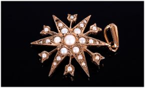 Antique Style and Fine 9ct Gold Starburst Seed Pearl Set Pendant. 1 Inches High. Fully Hallmarked.