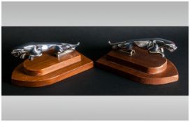 A Very Good Pair of Chrome Jaguar Car Mascots of The 1960's. Mounted on Stepped Wooden Plinths. Each