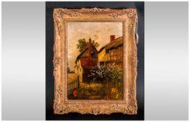 Two Period Thatched Houses with a cherry tree in blossom. Oil on board. Signed Carl Dr...(