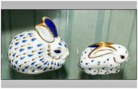 Royal Crown Derby Paperweights ( 2 ) In Total ' Rabbit ' Mother and Daughter, Gold Stoppers. Date