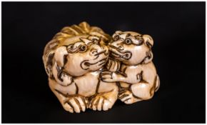 Japanese Finely Carved Ivory Netsuke, In The Form of A '  ' 'Mythical Animal and Its Offspring' In a