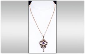 Victorian 9ct Gold - Filigree Pendant - Set With Amethyst and Seed Pearls, Fitted to a 9ct Gold