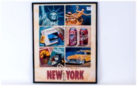 Coloured Poster Of City Of Cities, The Big Apple, New York by Georg Huber 2000. framed & glazed.