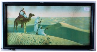 Set Of Three Photographic Tinted Prints Of Arabs In The Dessert, Bedions, with camels. Monogram C.
