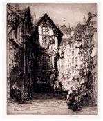 W. Reviera, Dry Point Etching of a Street Scene In France, Label Verso - Pencil Signed to The