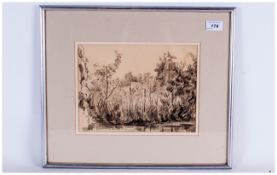 Eliott Seabrooke Signed Pencil Sketch Of A Riverbank With Trees, 18x15'', Official war artist &