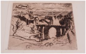 Joseph. Pennell, Etching ' The Bridge of St. Martin, Toledo ' Unframed. Size 11 x 16 Inches.