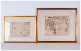 Elliot Seabrooke Official War Artist Pencil Drawing Of An Interior Of A Large Bedroom in an