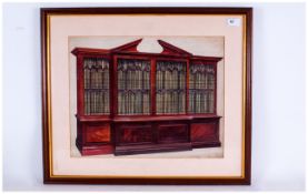 Watercolour Drawing of a Period Chippendale Mahogany Bookcase. Unsigned. c.1880's. Frame and