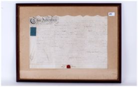 Indenture Parchment Antique with red wax seal written by hand, framed & glazed. 25x19''