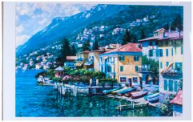 Framed & Glazed Contemporary Print After Behrens, Italian lakes lugano coastline, Italy. 30x35''