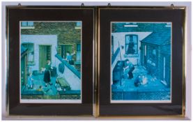 Pair Of Pencil Signed Tom Dodson Prints, Children In Back Garden Of Street Houses, With Blind