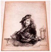 Print Of Rembrandt Leaning On A Window Ledge, signed Rembrandt 1637, mounted. 11x14''