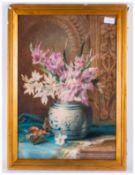 Victorian Watercolour Of A Still Life Of Flowers In A Chinese Vase, signed & monogrammed A.W & dated