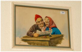 Gianni Signed Watercolour Of Ma & Pa Reading A Newspaper With Humorous Character Faces, framed &