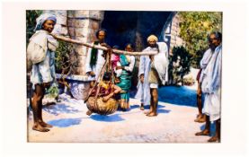 Indian Interest, Unusual watercolour Drawing Depicting Indians Carrying A Gilt In A Wicker Basket,