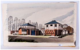Architects Watercolour Drawing Of a Contemporary Designed House, signed Alan Mitchel Fab 65.