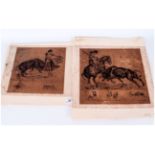 Two Spanish Bull Fighting Sepia Etchings - Unframed - Numbered and Signed In Pencil To The Margins