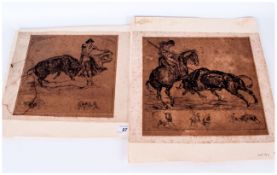 Two Spanish Bull Fighting Sepia Etchings - Unframed - Numbered and Signed In Pencil To The Margins