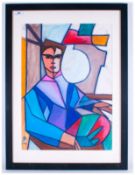 Modern Pastel Abstract Drawing In Cubist Style, Initial B.H 2014,  Framed & Glazed. 28x26''