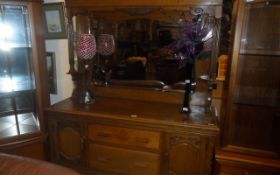 Wooden Side Board Unit ( Possibly Oak ) with Large Mirror and Carved Features.