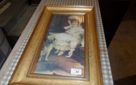 Picture of Child Sat In Sunday Best with Dog Sat Up at Her Feet, Gold Frame.