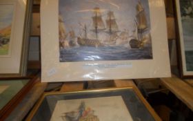 Two Picutres. Print of Battle of Trafalgar and Painting of Galleon.