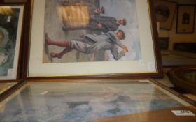 Framed Pictures. Men Playing Golf and Woman Fishing.