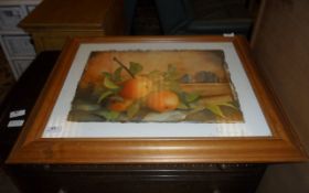 Painting of Oranges Still on Branch, Inside a Building. Signed and a Wooden Frame.