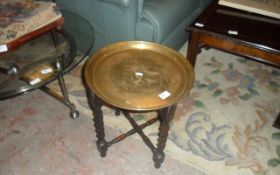 Brass Topped Circular Side Coffee Table with Wooden legs.