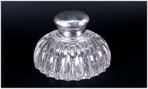 Victorian Sterling Silver Topped Desk Ink Well. Large size with crystal cut base.