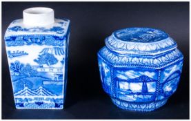 Two Ringtons Blue & White Jars, 1. Biscuit Barrel Jar With Lid, 2. Tea Jar, no lid.