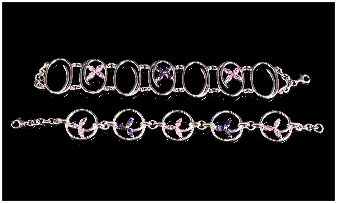 A Pair Of Modern Good Quality Silver Coloured Crystal Set Bracelets. Fully hallmarked. 7'' in