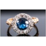 Antique 18ct Gold Set Diamond & Sapphire Cluster Ring, The central sapphire surrounded by 18