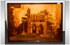 Inlaid Italian Wood Wall Plaque, Decorated with holy church scene 21x29 approx.