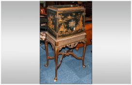 Edwardian Chinoisserie Decorated Lacquered Cabinet on Stand. In The George I Style with a Double