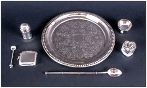 Small Collection Of Silver, Comprising Vesta Case, Salt & Spoon, Pepperette, Small Heart Shaped