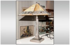 Tiffany Style Table Lamp with chrome coloured base and amber coloured shade, 24 inches high.
